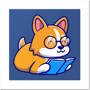 Cute Corgi Dog Reading Book Cartoon Posters and Art